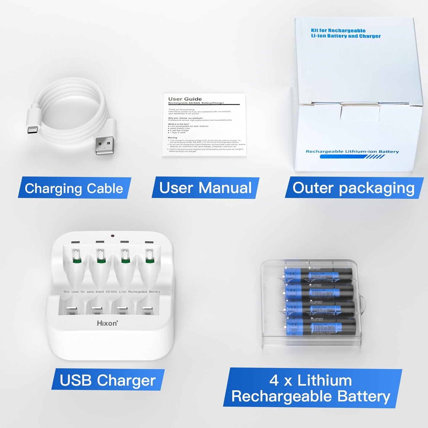 1.5V AAA Rechargeable Lithium Batteries,4-Pack 1100Mwh Pre-Charged Triple AAA Li-Ion Battery & 1H Ultra Fast Charger for Home and Office Device,1600 Cycles,Constant Output.